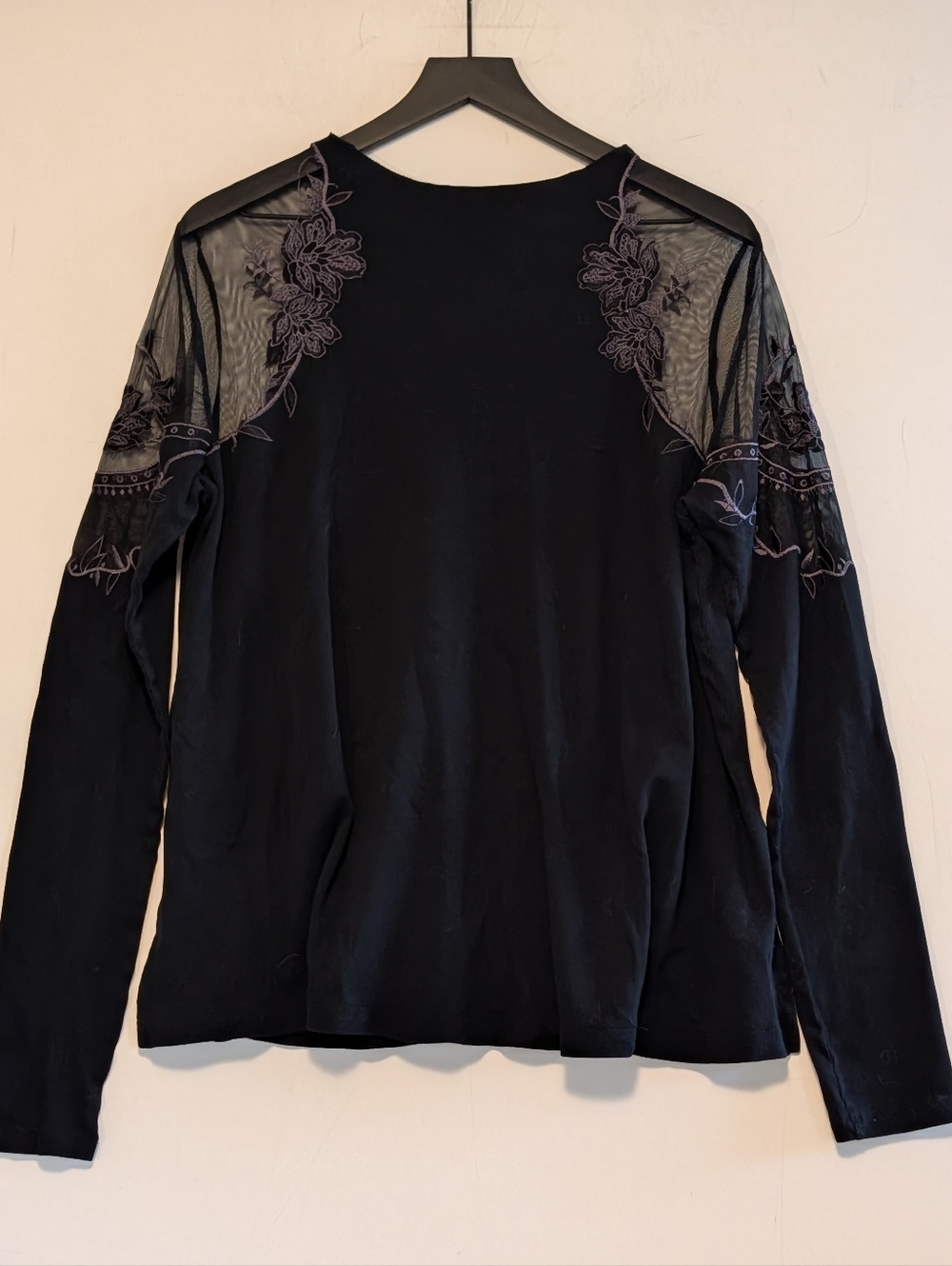 Free People Black Long-Sleeve Floral Mesh Panel Top Fairy Goth Embroidered Soft